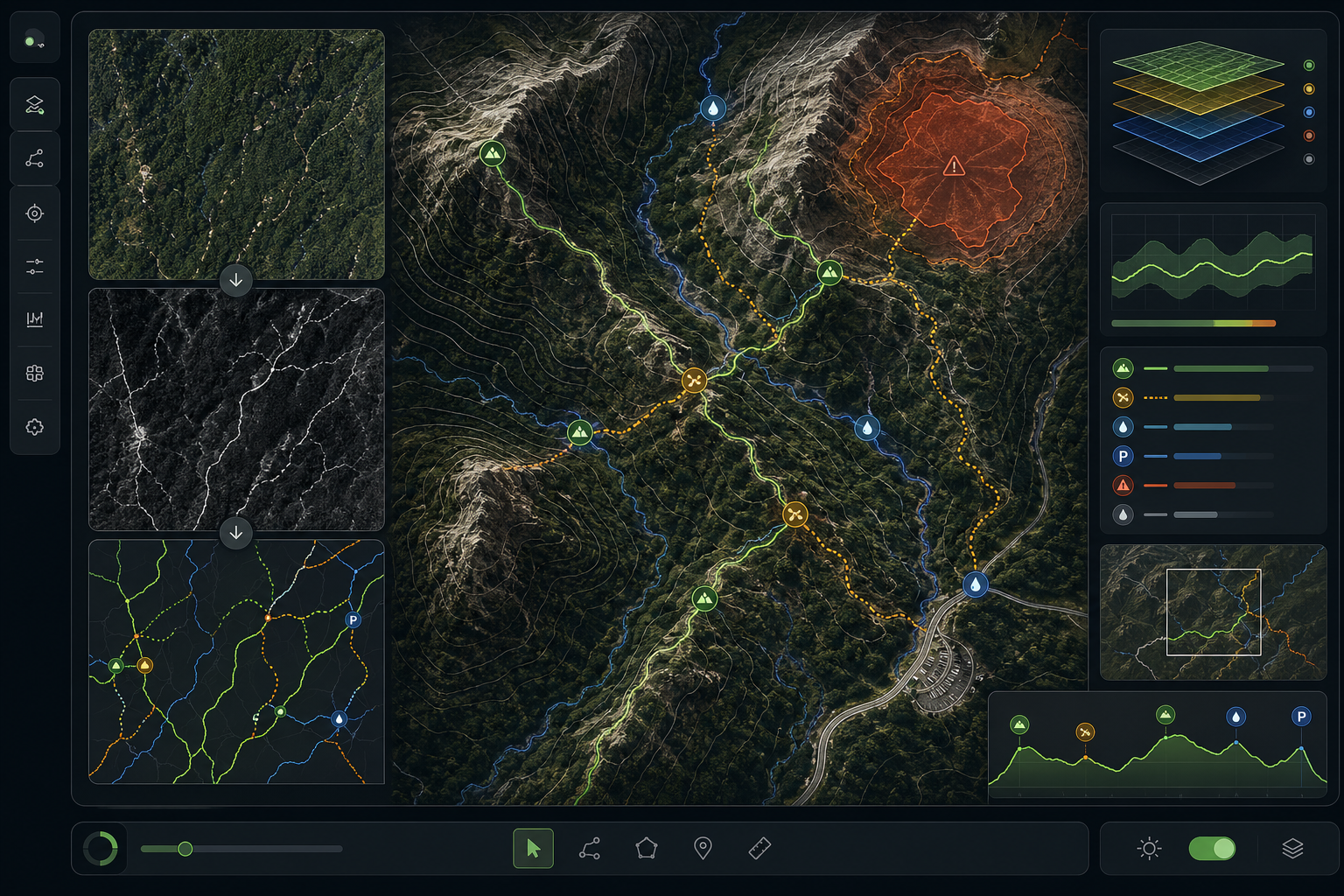 Map intelligence workspace showing detected trails and points of interest